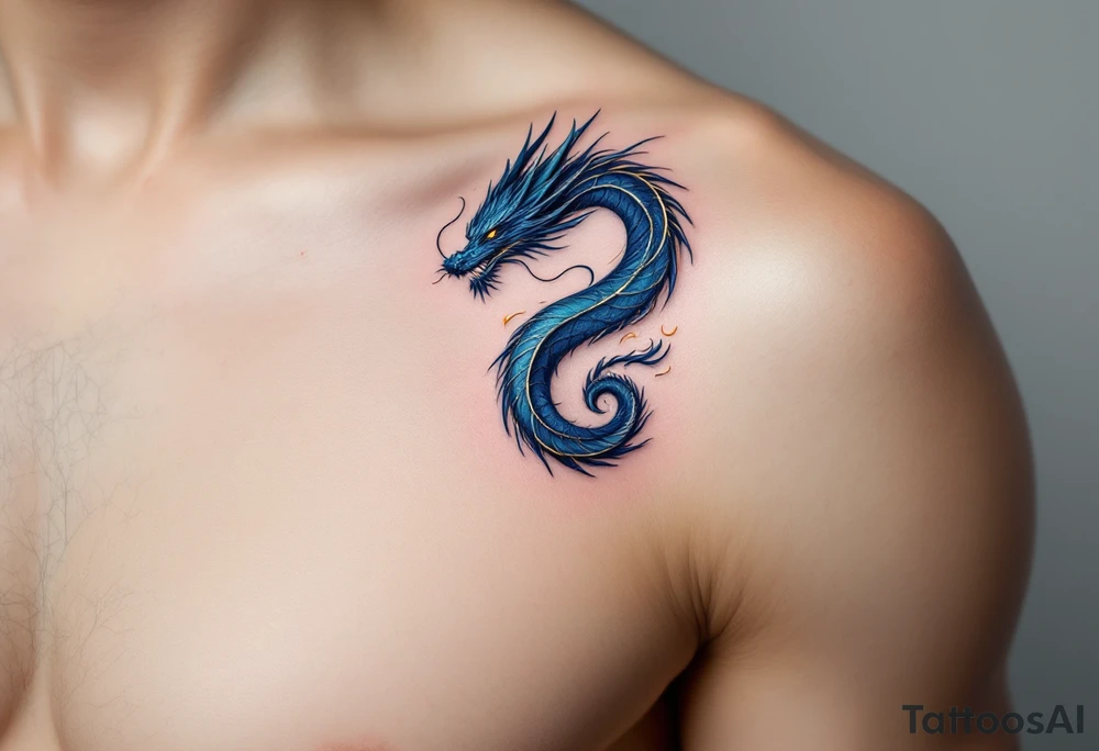 A fierce yet elegant dragon in shimmering deep sapphire blue, its body coiling into an infinity shape, symbolizing eternal love and strength. Its scales glisten with hints of silver and teal, reflecting light like liquid metal. Delicate wisps of smoke and golden fire emerge from its mouth, intertwining like dancing flames. tattoo idea
