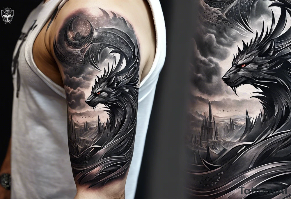 Certainly! Here's the updated description for a bicep and upper arm tattoo:

---

**Tattoo Description:**

**Design:** Black and gray detailed illustration.
**Location:** Bicep and upper arm.
**Concept:** Scene from Dante's Inferno, inspired by Gustave Doré's illustrations.

**Details:**

1. **Main Elements:**
   - A dark forest with towering trees and rocky terrain.
   - Two small figures standing at the entrance of a dark cave, symbolizing the descent into hell.
   
2. **Style:**
   - Detailed line work capturing the intricate details of the forest and rocky environment.
   - Black and gray shading to create depth and contrast, emphasizing the eerie and foreboding atmosphere.

**Overall Feel:**
   - A haunting and dramatic scene that evokes the mysterious and ominous journey through Dante's Inferno.

---

This version is tailored for the bicep and upper arm, providing a clear and concise vision for your tattoo artist. tattoo idea