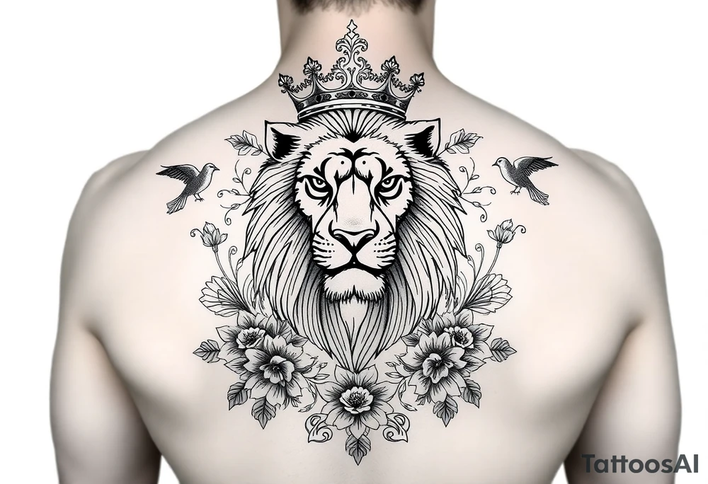 powerful majestic lion with a crown, surrounded by floral ornaments and birds tattoo idea