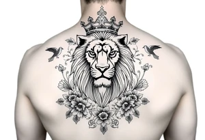 powerful majestic lion with a crown, surrounded by floral ornaments and birds tattoo idea