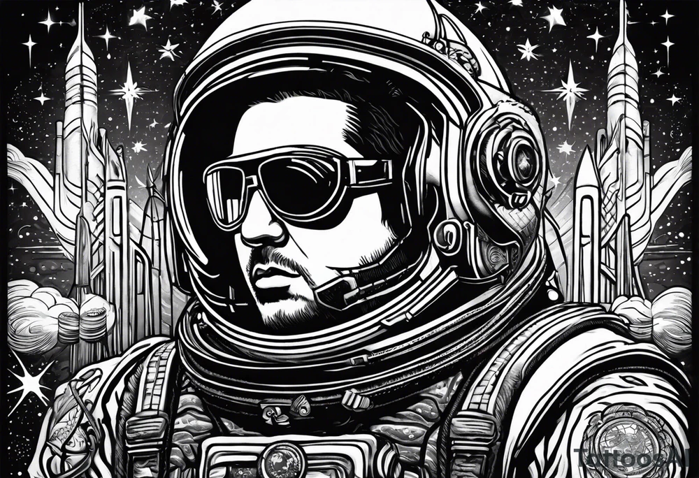 Craft an intricate black and white tattoo design inspired by the themes and imagery from Ray Bradbury's "Cosmonaut" and the poignant lyrics of Elton John's "Rocket Man." tattoo idea