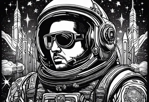 Craft an intricate black and white tattoo design inspired by the themes and imagery from Ray Bradbury's "Cosmonaut" and the poignant lyrics of Elton John's "Rocket Man." tattoo idea