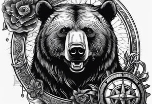 Bear near elbow, ship helm middle of forearm, contentment symbol near writst tattoo idea