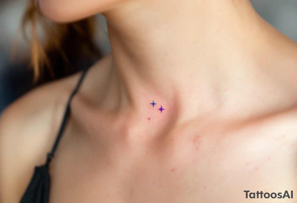 A tiny pink Libra symbol floats above a gradient Libra stars constellation fading from teal to violet placed under collarbone. tattoo idea