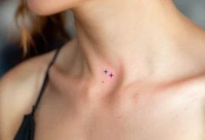 A tiny pink Libra symbol floats above a gradient Libra stars constellation fading from teal to violet placed under collarbone. tattoo idea