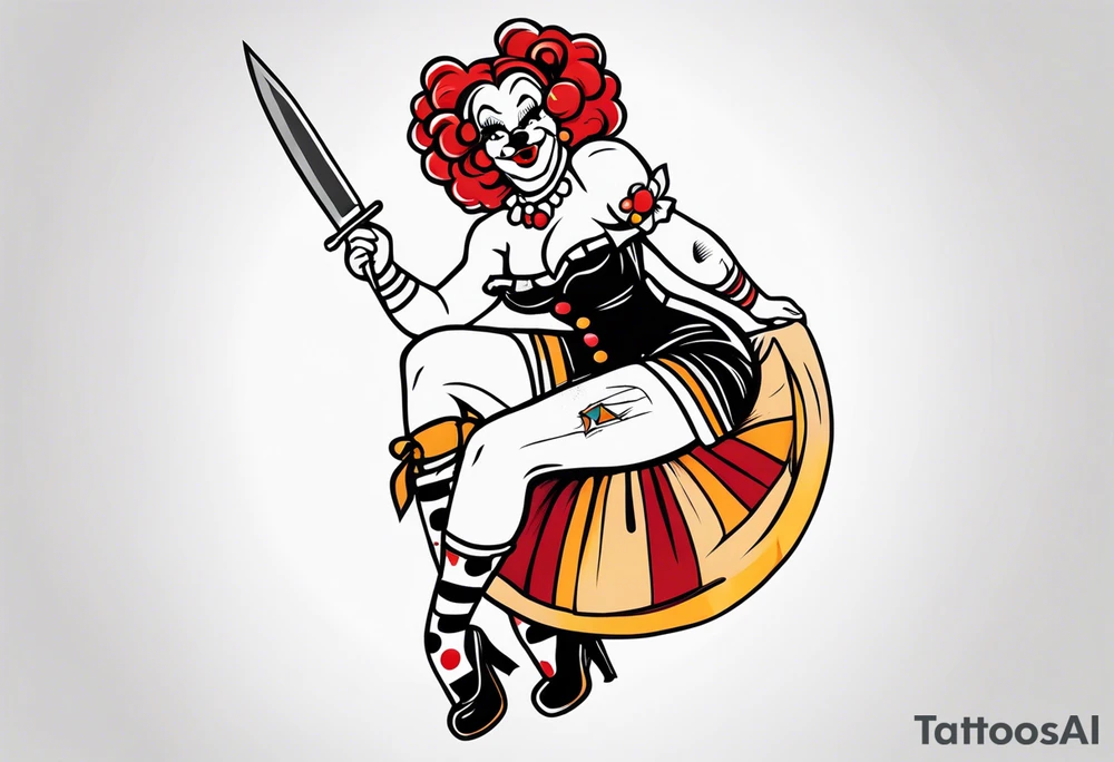 full body female pin up clown holding knife tattoo idea