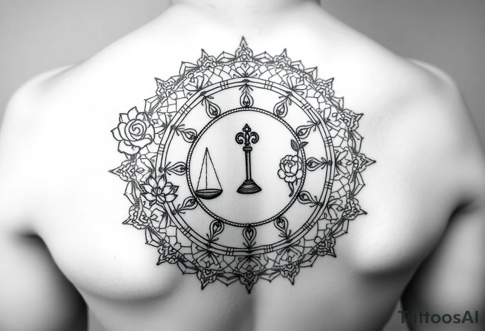 1. The Story Mandala
	•	A circular mandala design spreading across the shoulder.
	•	Each ring or quadrant holds a symbol of you:
	•	Geisha (Japan + your back tattoo tie-in).
	•	Rose (favorite flower, vibration/energy).
	•	Scales with a heart + key (finance, love, duality).
	•	World map silhouette (travel and global perspective). tattoo idea