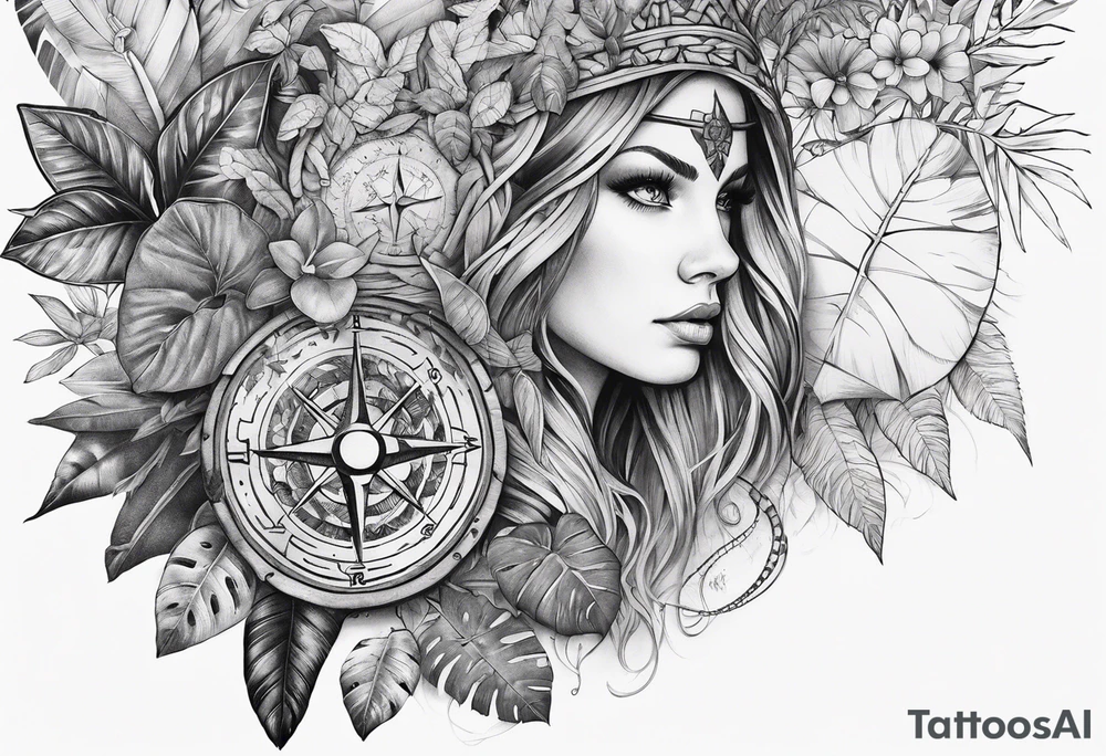 sleeve tattoo with jungle plants and viking compass tattoo idea