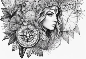sleeve tattoo with jungle plants and viking compass tattoo idea