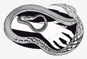 A streched out feminine hand that has a snake all around it tattoo idea