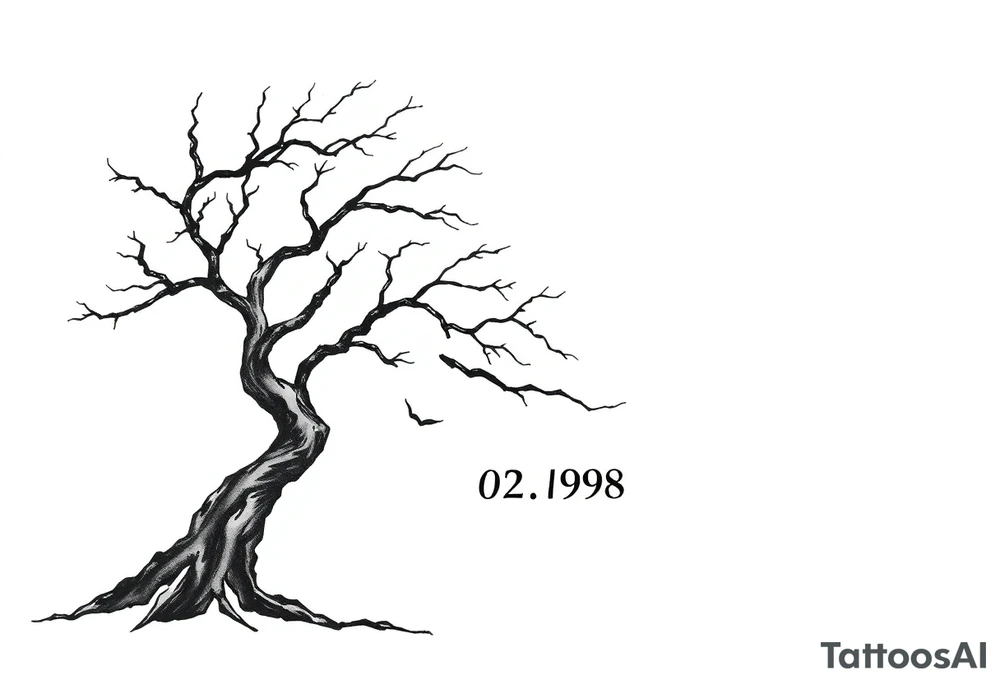 simple windy tree with date 02.18.1998 tattoo idea