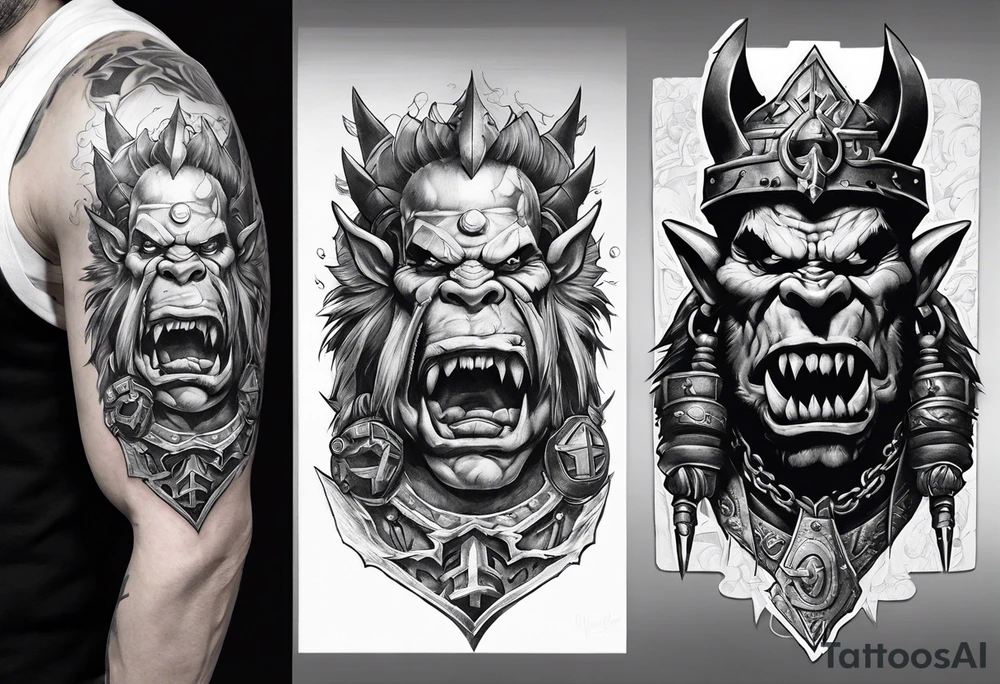 Full sleeve Warhammer orks thematic tattoo idea