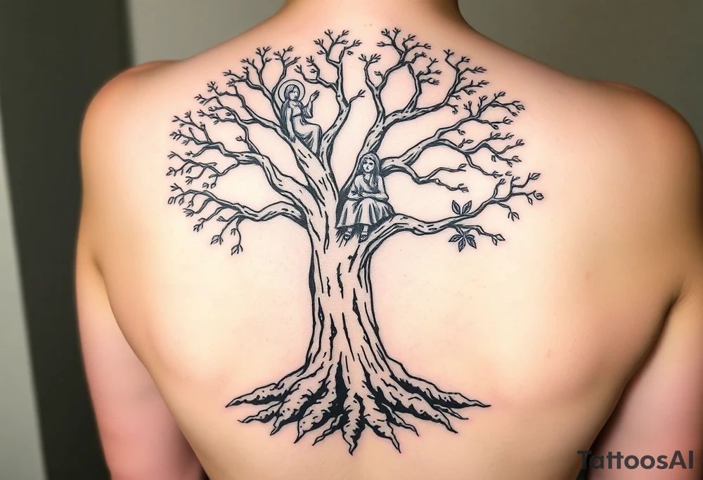 A strong and tall oak tree, with deep roots, with scratches and tears on the trunk. On a long branch, half way up the tree, sits a little girl and Jesus gazing into the distance. tattoo idea