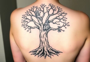 A strong and tall oak tree, with deep roots, with scratches and tears on the trunk. On a long branch, half way up the tree, sits a little girl and Jesus gazing into the distance. tattoo idea