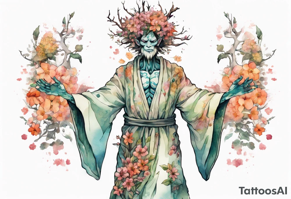 a tree-man hybrid covered in flowers wearing a long robe tattoo idea