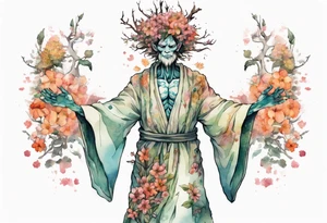 a tree-man hybrid covered in flowers wearing a long robe tattoo idea