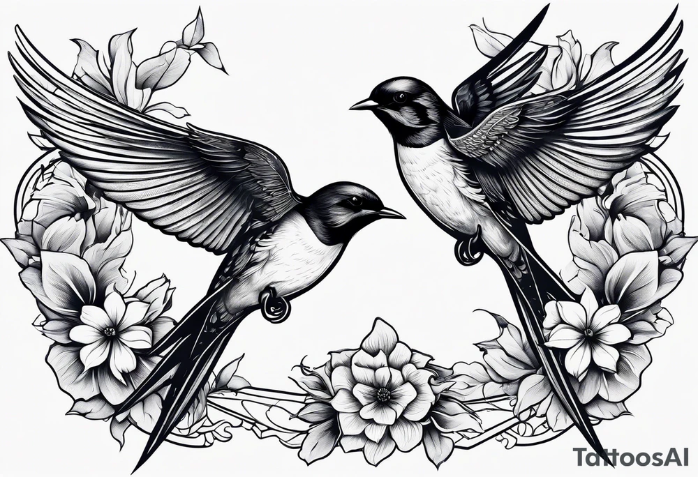 swallows with architectural elements and a floral or botanical design tattoo idea