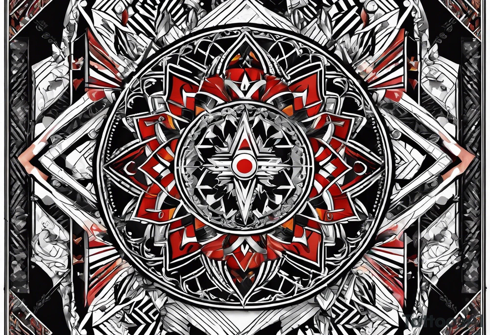 Geometric tapestry with trident and chequered flag and marathon on arm tattoo idea