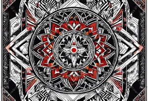 Geometric tapestry with trident and chequered flag and marathon on arm tattoo idea