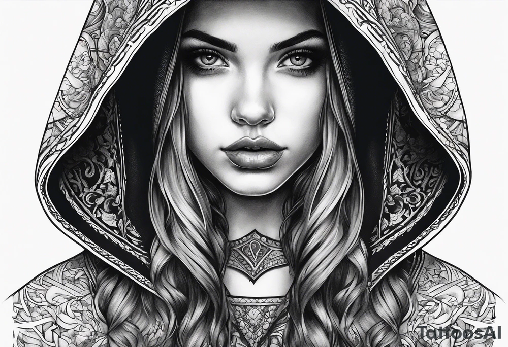 Hidden gothic hooded girl tattoo idea