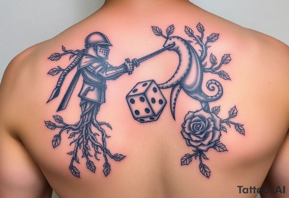 knight and squid intertwined with tree roots and roses rolling dice tattoo idea