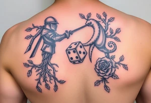 knight and squid intertwined with tree roots and roses rolling dice tattoo idea