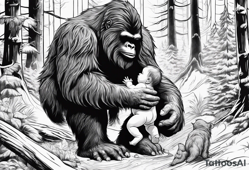 bigfoot feeding a baby bigfoot tattoo idea