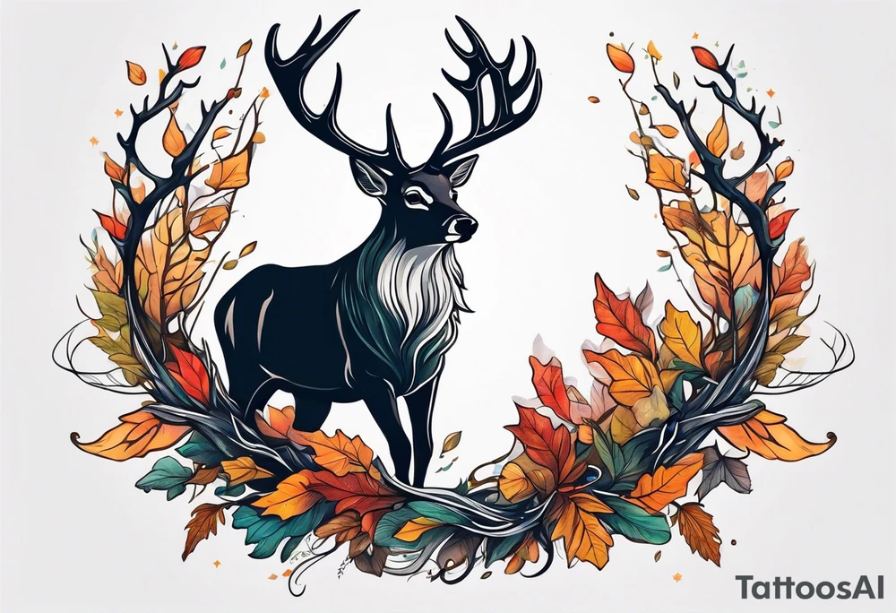 deer antlers flying away in leaves tattoo idea