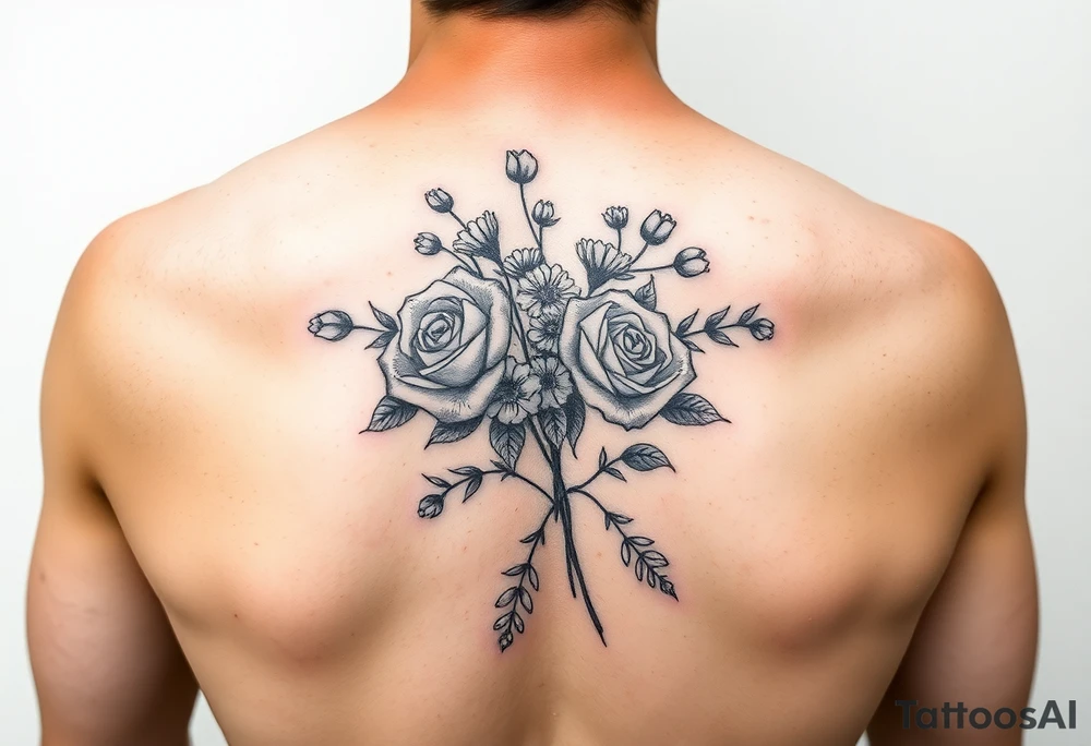 vintage bouquet of wild roses and meadow flowers with morning dew tattoo idea