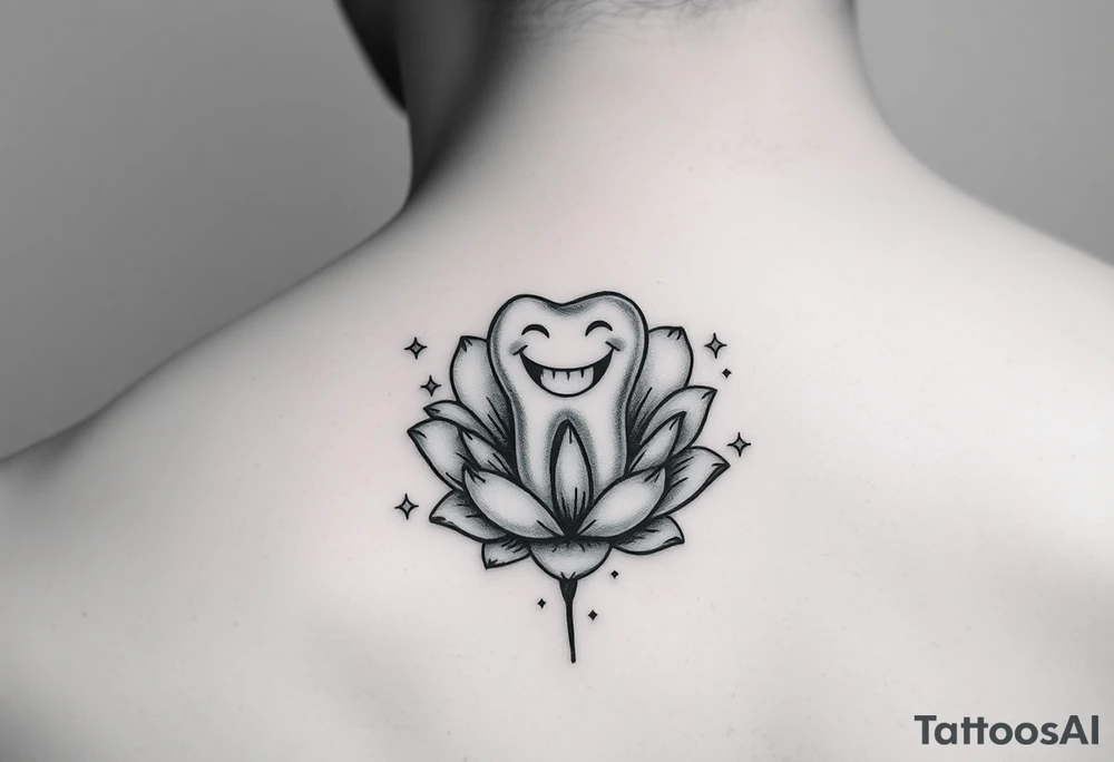 A smiling molar tooth sitting inside an open flower, surrounded by tiny sparkling stars, fine-line style, minimal and delicate. tattoo idea