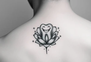 A smiling molar tooth sitting inside an open flower, surrounded by tiny sparkling stars, fine-line style, minimal and delicate. tattoo idea