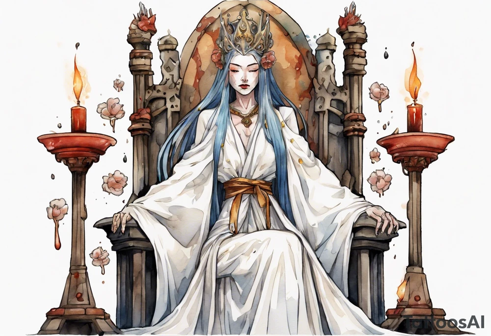 medieval queen dressed in white robes, weeping on throne tattoo idea
