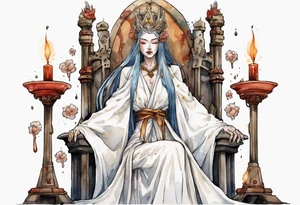 medieval queen dressed in white robes, weeping on throne tattoo idea