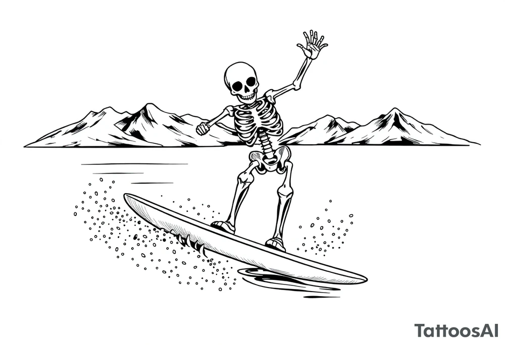 skeleton wakeboarding on lake, holding onto wakeboard handle with one hand, other hand in the air, 
mountains in the background tattoo idea