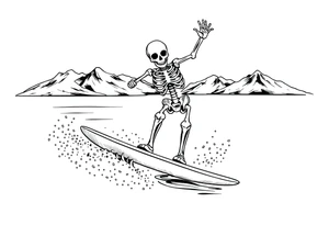 skeleton wakeboarding on lake, holding onto wakeboard handle with one hand, other hand in the air, 
mountains in the background tattoo idea