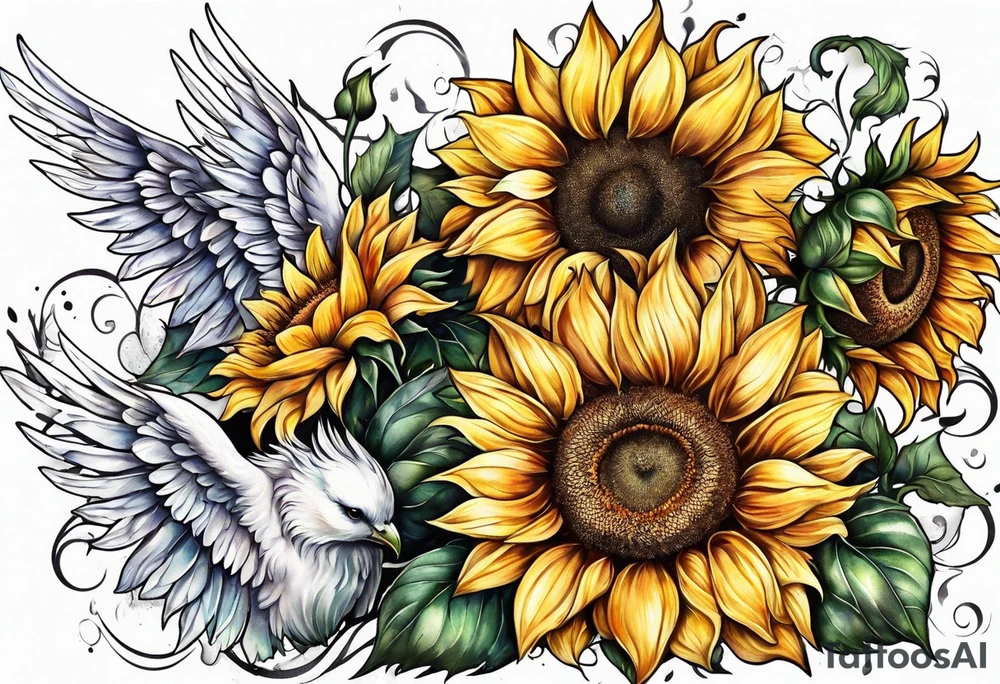 Sunflowers and angel wings leg sleeve tattoo idea