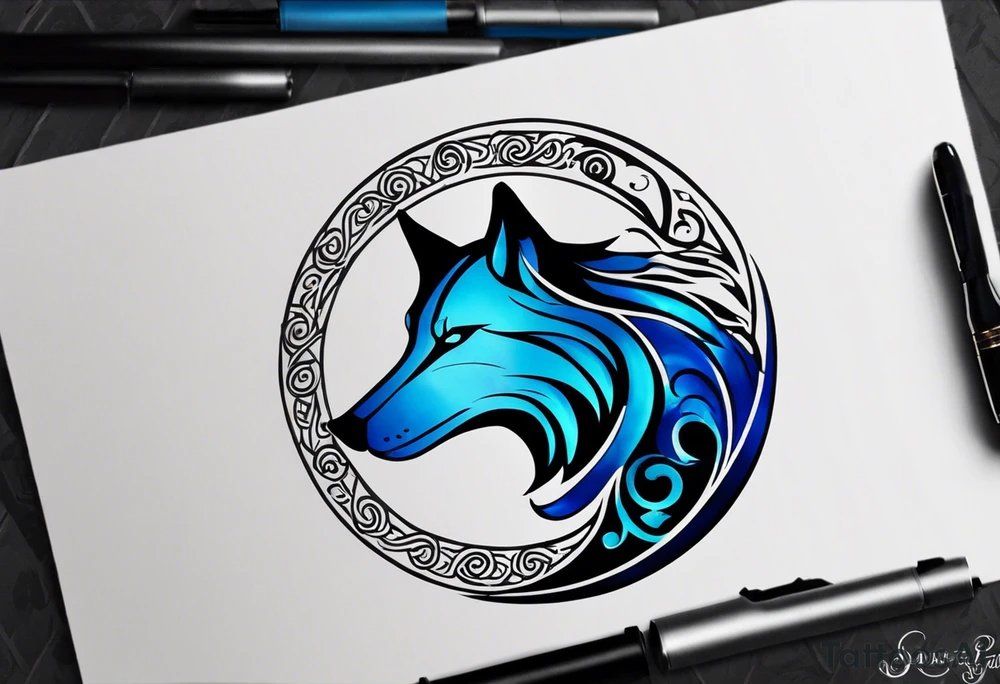 a tattoo whose main theme is balance but also resembles new begining, strong willpower, peace and loyalty. This should be for the front part of the shoulder. maybe add the ying-yang symbol somewhere in the tattoo. Tattoo should have an equal amount of blue and red along with the overall tattoo being black. In corporate a wolf into the tattoo, make sure it resembles ing and yang. wolf needs to look dangerous tattoo idea