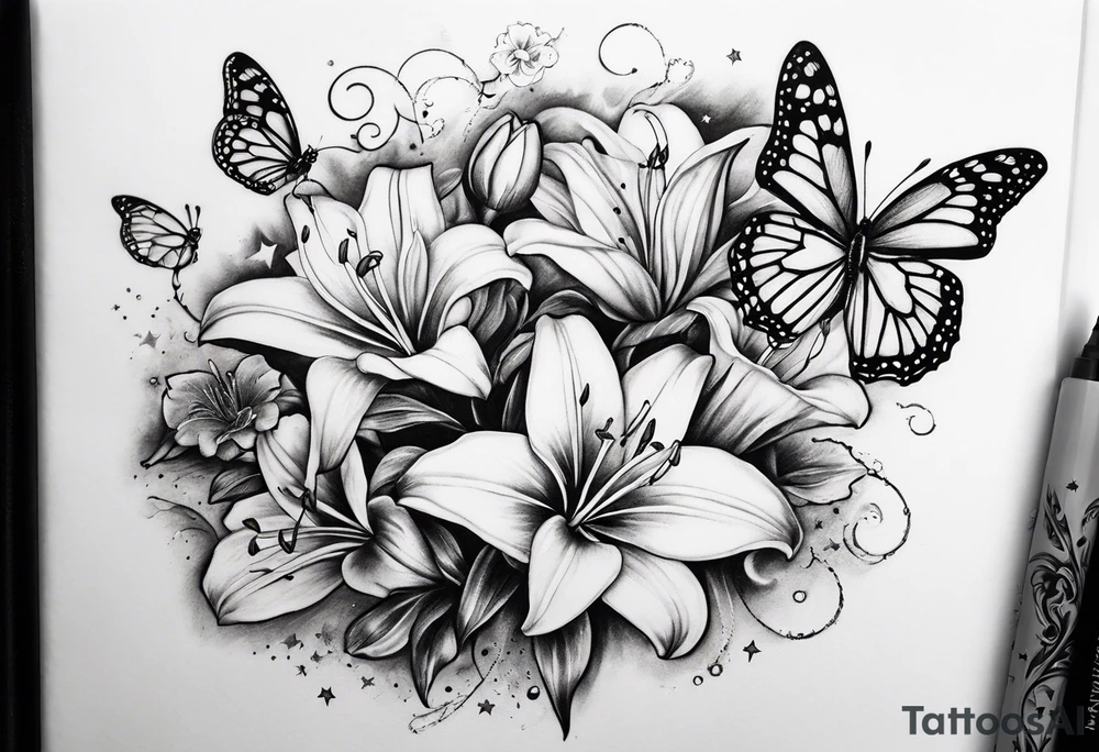 Harvey Ruby lillies flowers butterflies stars fantasy books half sleeve tattoo idea