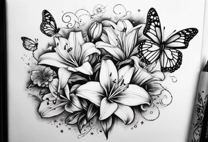 Harvey Ruby lillies flowers butterflies stars fantasy books half sleeve tattoo idea