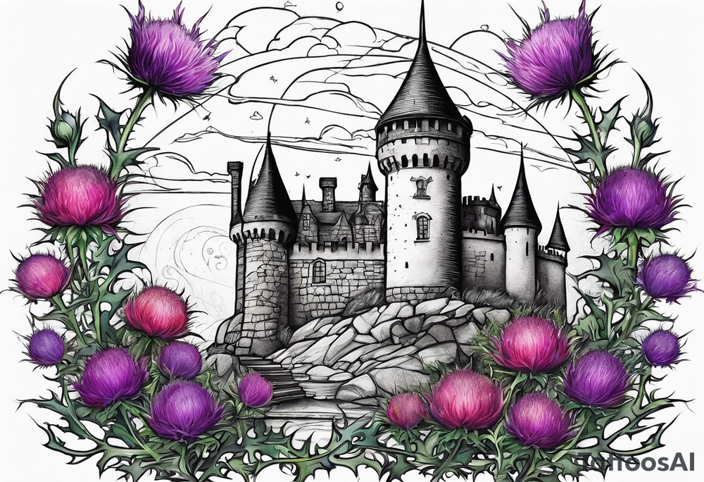 Thistles growing around a castle turret tattoo idea