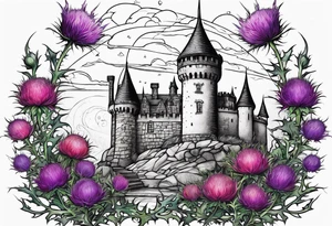 Thistles growing around a castle turret tattoo idea