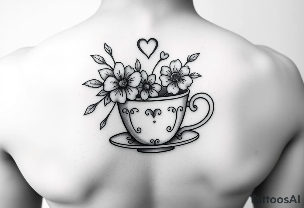 Cute tea cup with flowers and love hearts tattoo idea