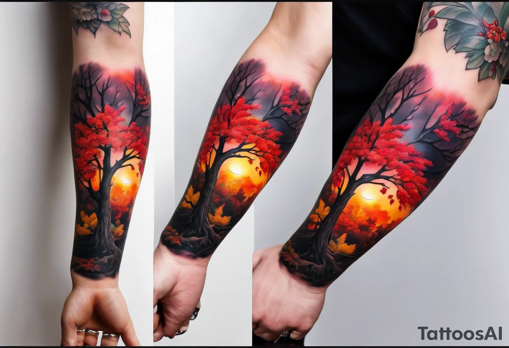 Arm tattoo. Long tattoo. Full sleeve. Shoulder. A maple tree with red autumn leaves that branches upwards. White-throated dipper bird on the trees branches. Calluna flowers at the base of the trees stem. Tree stem has dark colors. Red/yellow sunset behind the trees stem. Leaves falling. tattoo idea