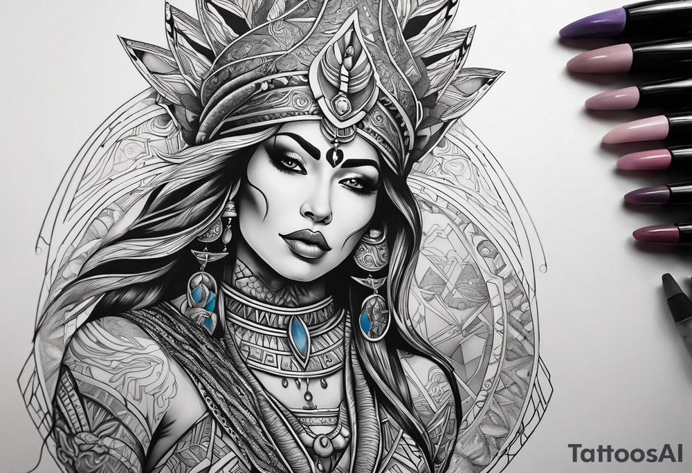 kali ma, alien goddess, valkrye, pirate, divine feminine, zenza resonance, pachamama, lotus azul, blank panther, eagle, skull, 5D, nueva gaya, dna 12 tattoo idea