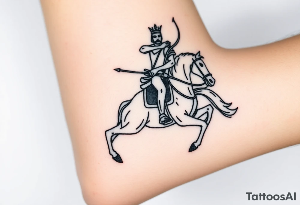 Generate an image of conquest on a white horse. Use this passage from Revelations: "And I saw, and behold a white horse: and he that sat on him had a bow; and a crown was given unto him: and he went forth conquering, and to conquer". Include the rider on a white horse wearing a crown and carrying a bow. Make the tattoo photo realistic tattoo idea