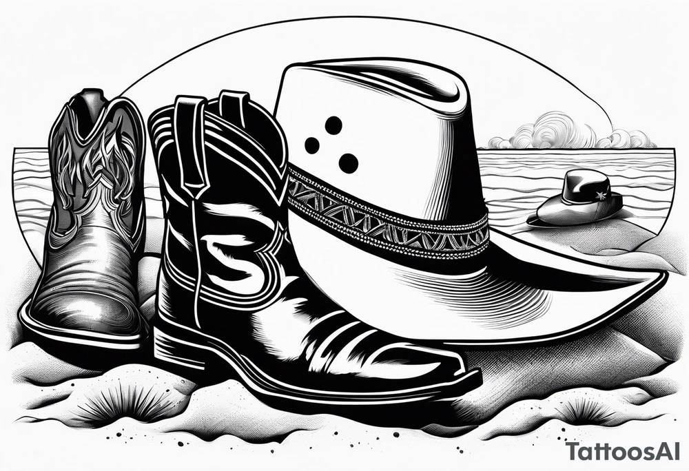 A pair of mens boots, a pair of womens sandals and a cowboyhat on the Beach. Keep it simple tattoo idea