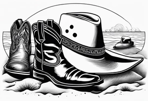 A pair of mens boots, a pair of womens sandals and a cowboyhat on the Beach. Keep it simple tattoo idea