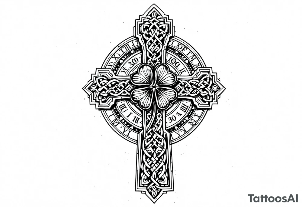 an irish inspired celtic cross with a four leaf clover in the middle surrounded by celtic knots and roman numerals with complex patterns outside of the cross tattoo idea