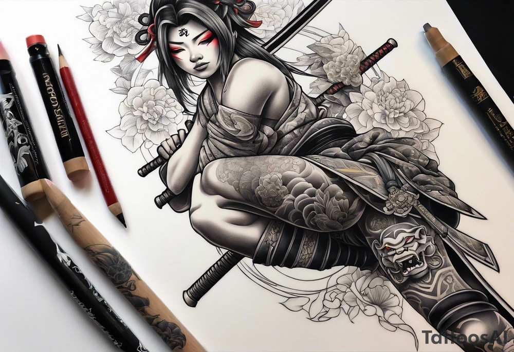 leg tattoo, full leg, oni, girl, oni girl, samurai tattoo idea