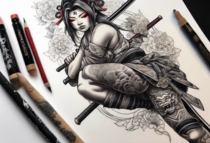 leg tattoo, full leg, oni, girl, oni girl, samurai tattoo idea